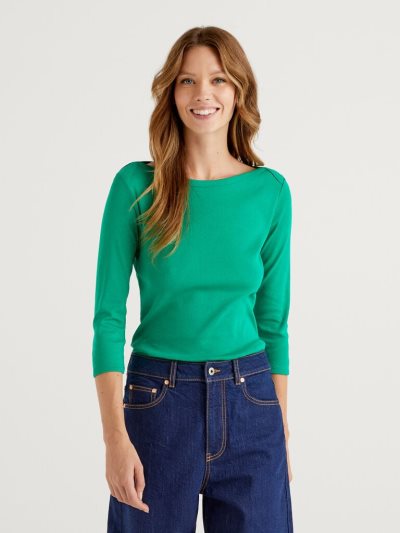 Benetton 100% Katoenen Boot Neck Long Sleeve T-shirts Dames Groen | BE003413