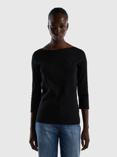 Benetton 100% Katoenen Boot Neck Long Sleeve T-shirts Dames Zwart | BE126500