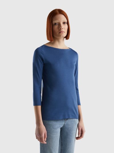 Benetton 100% Katoenen Boot Neck Long Sleeve T-shirts Dames Blauw | BE443089