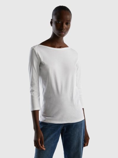 Benetton 100% Katoenen Boot Neck Long Sleeve T-shirts Dames Wit | BE612771