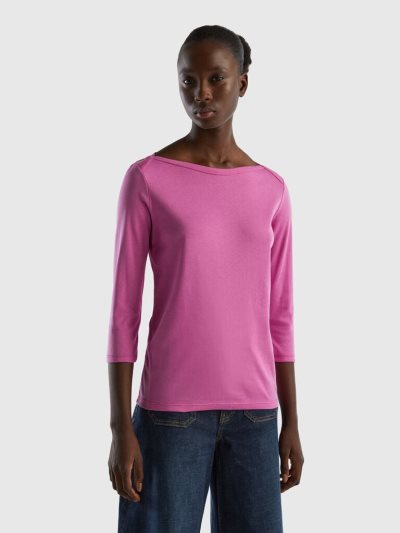 Benetton 100% Katoenen Boot Neck Long Sleeve T-shirts Dames Roze | BE916213