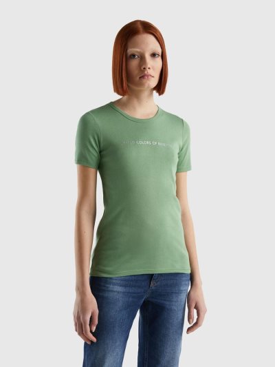 Benetton 100% Katoenen Glitter Print Logo Short Sleeve T-shirts Dames Groen | BE463957