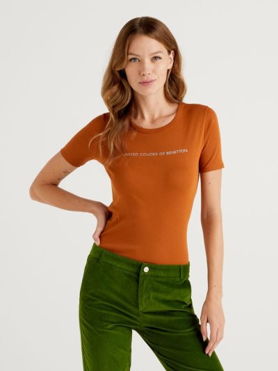 Benetton 100% Katoenen Glitter Print Logo Short Sleeve T-shirts Dames Burnt | BE921859