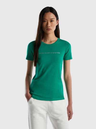 Benetton 100% Katoenen Glitter Print Logo Short Sleeve T-shirts Dames Groen | BE998763