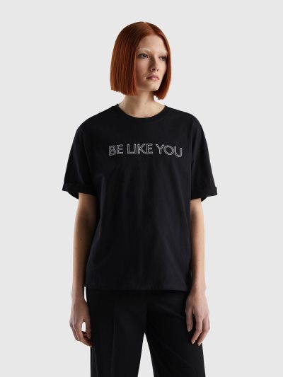 Benetton 100% Katoenen Slogan Short Sleeve T-shirts Dames Zwart | BE385007