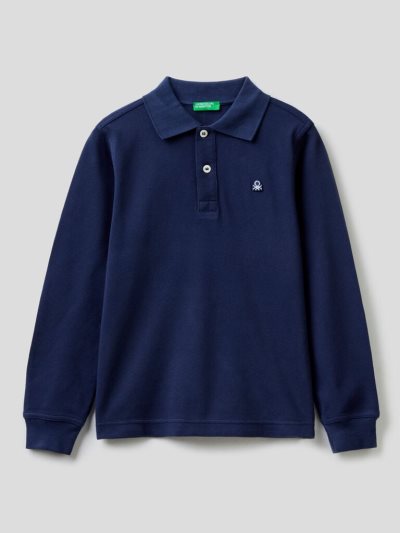 Benetton 100% Organic Katoenen Long Sleeve Poloshirt Kinderen Donkerblauw | BE629772