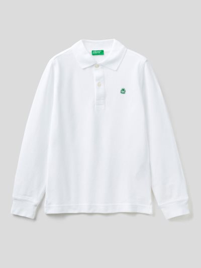 Benetton 100% Organic Katoenen Long Sleeve Poloshirt Kinderen Wit | BE732396