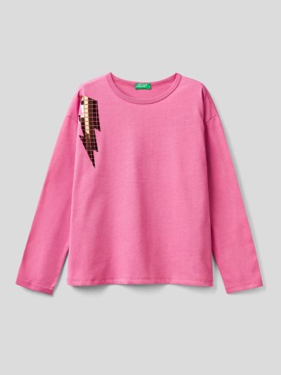 Benetton Boxy Fit Applique Long Sleeve T-shirts Kinderen Cyclamen | BE070147