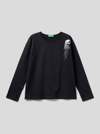 Benetton Boxy Fit Applique Long Sleeve T-shirts Kinderen Zwart | BE789034