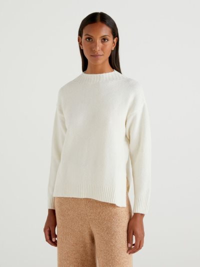 Benetton Boxy Fit Bouclé Wol Blend High Neck Sweaters Dames Wit | BE943337