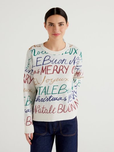 Benetton Boxy Fit Christmas Crew Neck Sweaters Dames Wit | BE551268