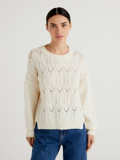 Benetton Boxy Fit Knit Crew Neck Sweaters Dames Wit | BE734419