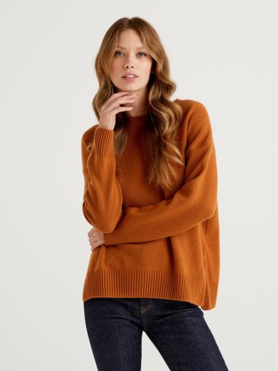 Benetton Boxy Fit Wol Blend Crew Neck Sweaters Dames Burnt | BE773891