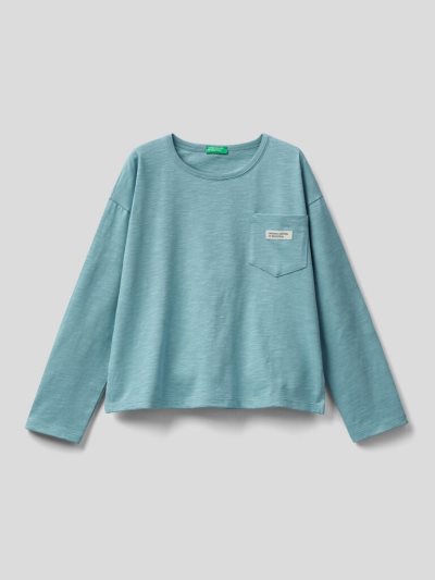 Benetton Breast Pocket Organic Katoenen Long Sleeve T-shirts Kinderen Lichtblauw | BE160701