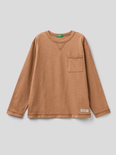 Benetton Breast Pocket Organic Katoenen Long Sleeve T-shirts Kinderen Beige | BE299494