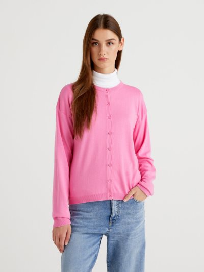 Benetton Buttons Crew Neck Cardigan Dames Roze | BE952343