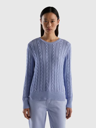 Benetton Cable Knit 100% Katoenen Crew Neck Sweaters Dames Lavendel | BE651578