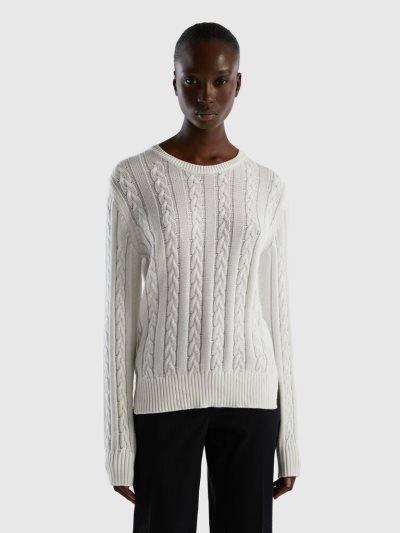 Benetton Cable Knit 100% Katoenen Crew Neck Sweaters Dames Wit | BE901073