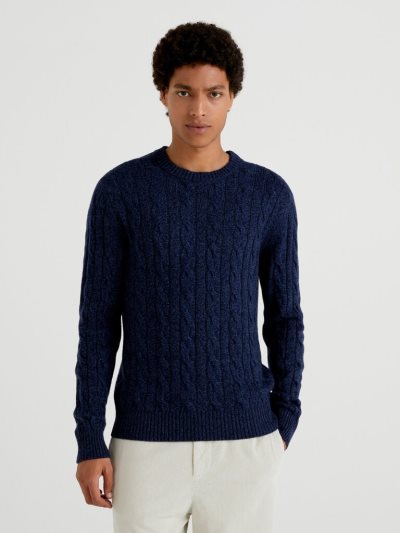 Benetton Cable Knit Cashmere Blend Crew Neck Sweaters Heren Donkerblauw | BE759868