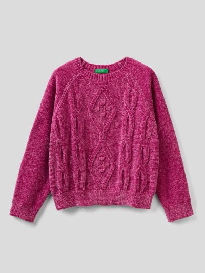 Benetton Cable Knit Chenille Truien Kinderen Cyclamen | BE319375