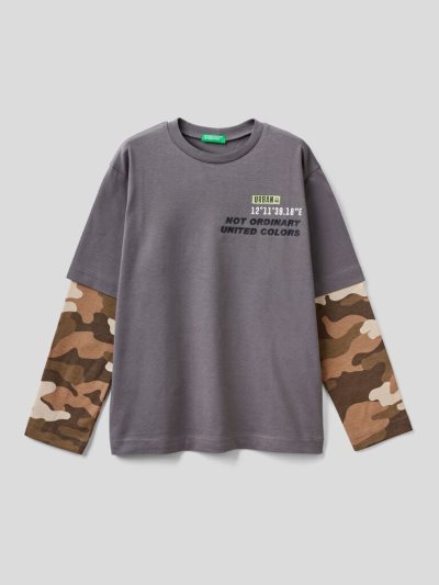 Benetton Camouflage Sleeve Long Sleeve T-shirts Kinderen Grijs | BE939016