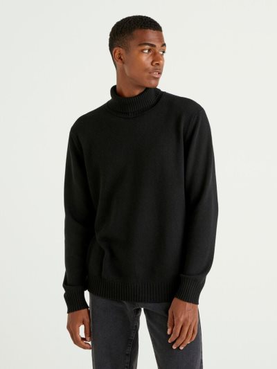 Benetton Cashmere And Wol Blend Turtleneck High Neck Sweaters Heren Zwart | BE022095