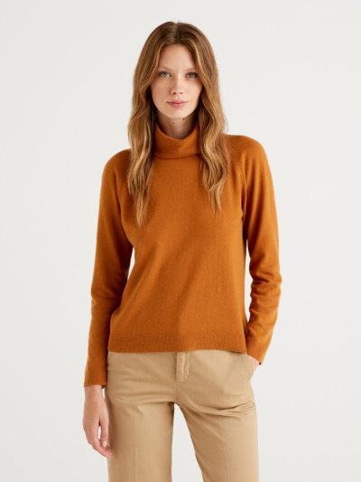 Benetton Cashmere And Wol Blend Turtleneck High Neck Sweaters Dames Oranje | BE383929