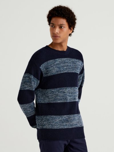 Benetton Cashmere Blend Stripes Crew Neck Sweaters Heren Blauw | BE362468