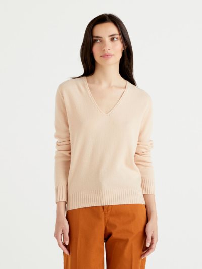 Benetton Cashmere Blend V-neck Truien Dames Beige | BE842720