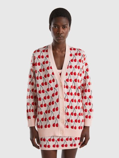 Benetton Cherry Pattern Cardigan Dames Roze | BE365766