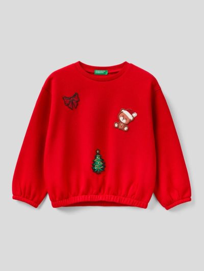 Benetton Christmas Patch Sweatshirt Kinderen Rood | BE893998