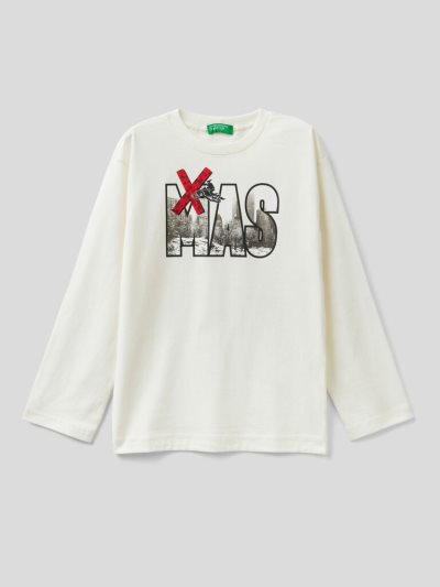 Benetton Christmas Photo Print Long Sleeve T-shirts Kinderen Wit | BE869467