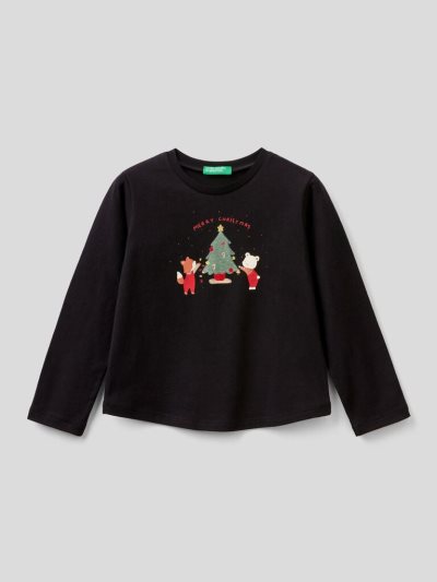 Benetton Christmas Prints Long Sleeve T-shirts Kinderen Zwart | BE788323