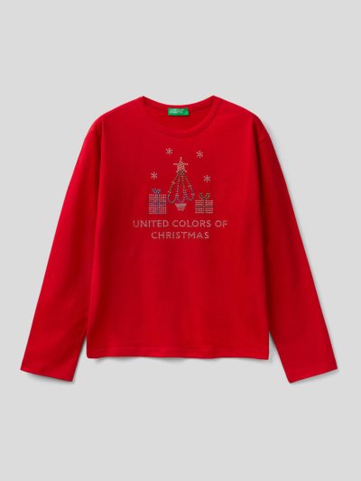 Benetton Christmas Warm Organic Katoenen Long Sleeve T-shirts Kinderen Rood | BE376134