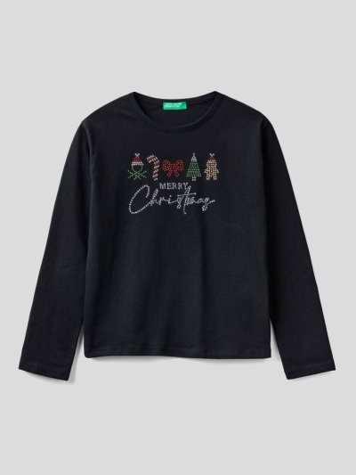 Benetton Christmas Warm Organic Katoenen Long Sleeve T-shirts Kinderen Zwart | BE820526