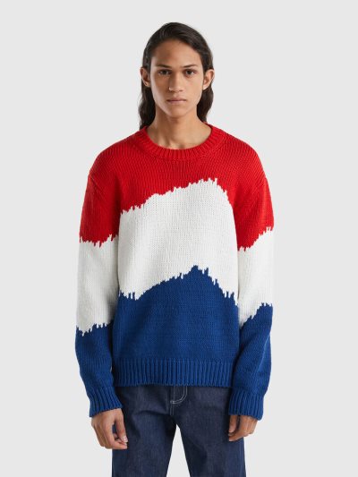 Benetton Color Block Crew Neck Sweaters Heren Rood | BE853393