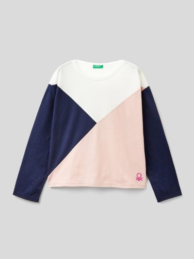 Benetton Color Block Glittery Logo Long Sleeve T-shirts Kinderen Wit | BE244567