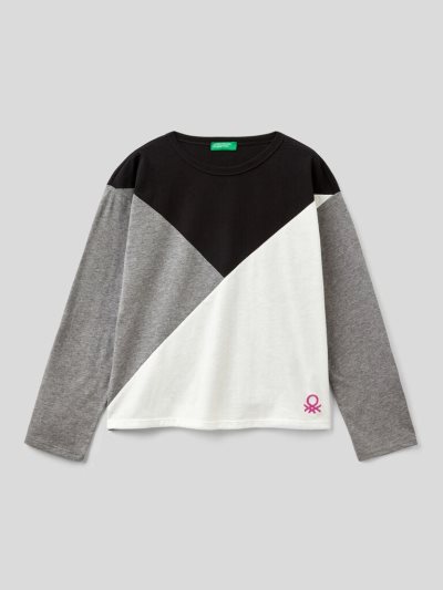 Benetton Color Block Glittery Logo Long Sleeve T-shirts Kinderen Zwart | BE568769