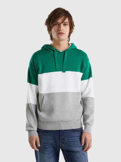 Benetton Color Block Knit Hoodie Heren Lichtgrijs | BE290631