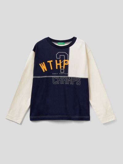 Benetton Color Block Warm Katoenen Long Sleeve T-shirts Kinderen Donkerblauw | BE772194