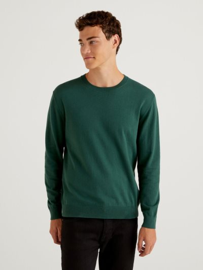 Benetton Crew Neck Lichtgewicht Katoenen Blend Truien Heren Donkergroen | BE843198