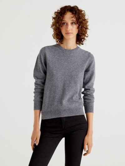 Benetton Crew Neck Merino Wol Truien Dames Grijs | BE089142