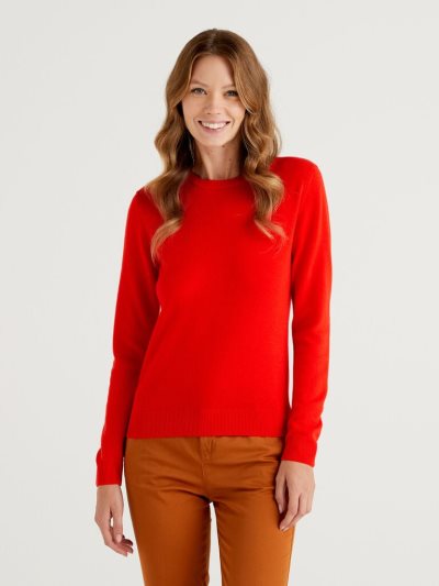 Benetton Crew Neck Merino Wol Truien Dames Koraal Rood | BE163502