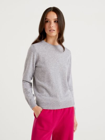 Benetton Crew Neck Merino Wol Truien Dames Lichtgrijs | BE795777