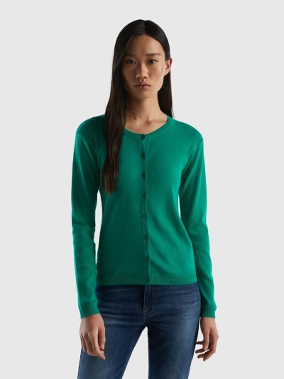 Benetton Crew Neck Pure Katoenen Cardigan Dames Groen | BE366771