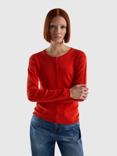 Benetton Crew Neck Pure Katoenen Cardigan Dames Rood | BE443404