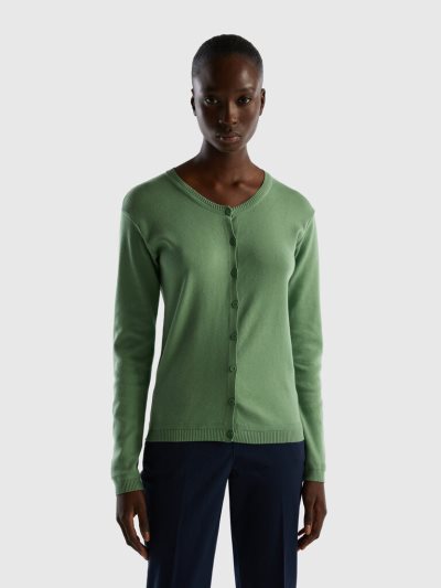 Benetton Crew Neck Pure Katoenen Cardigan Dames Groen | BE445506