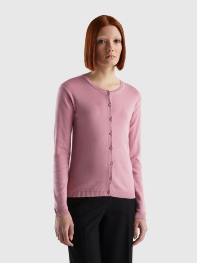 Benetton Crew Neck Pure Katoenen Cardigan Dames Roze | BE951415