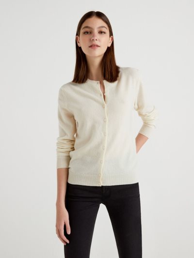 Benetton Crew Neck Pure Merino Wol Cardigan Dames Room Wit | BE276792