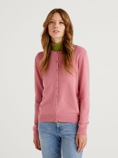 Benetton Crew Neck Pure Merino Wol Cardigan Dames Roze | BE480478